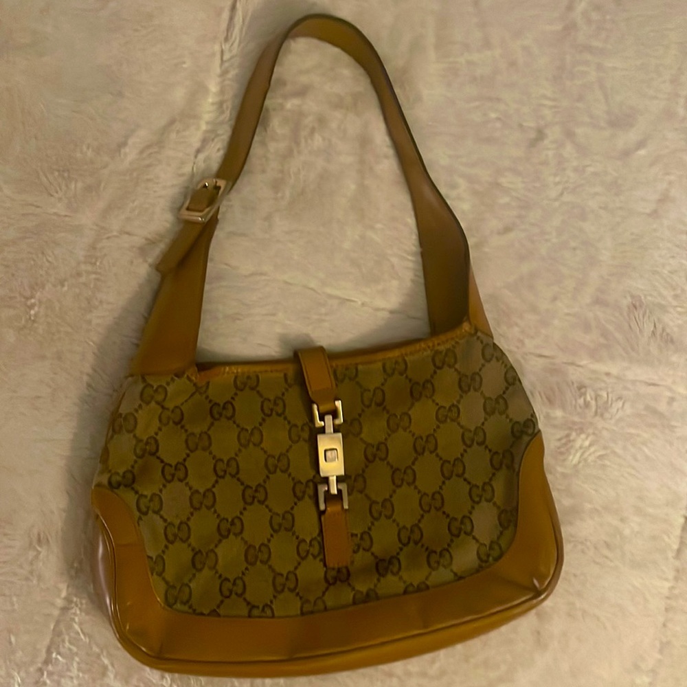 Vintage Jackie Gucci shoulder bag. Excellent condition. Brown & tan, gold clasp.